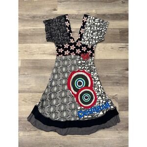 Desigual Patchwork Butterfly Floral V Neck Short Sleeve A Line Dress Size S